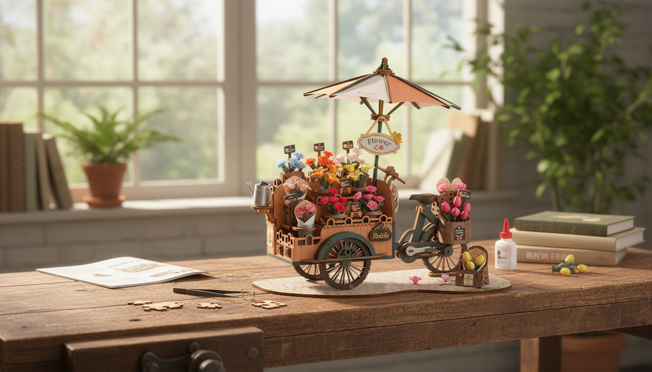 Blossom Cart 3D Wooden Puzzle: Build & Display Decor