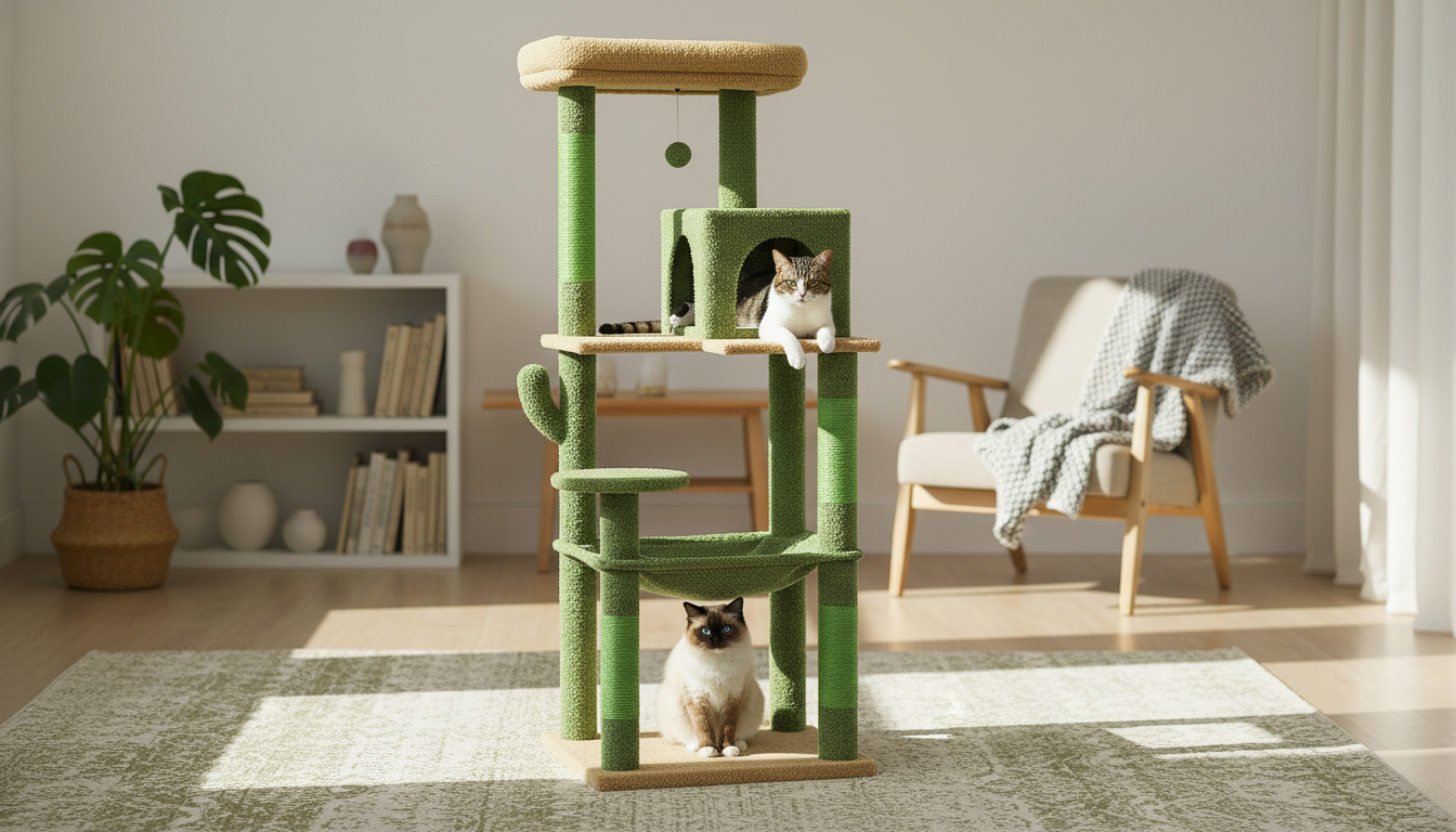 Cactus Cat Tree Tower: Plush Hammock & Big Condo