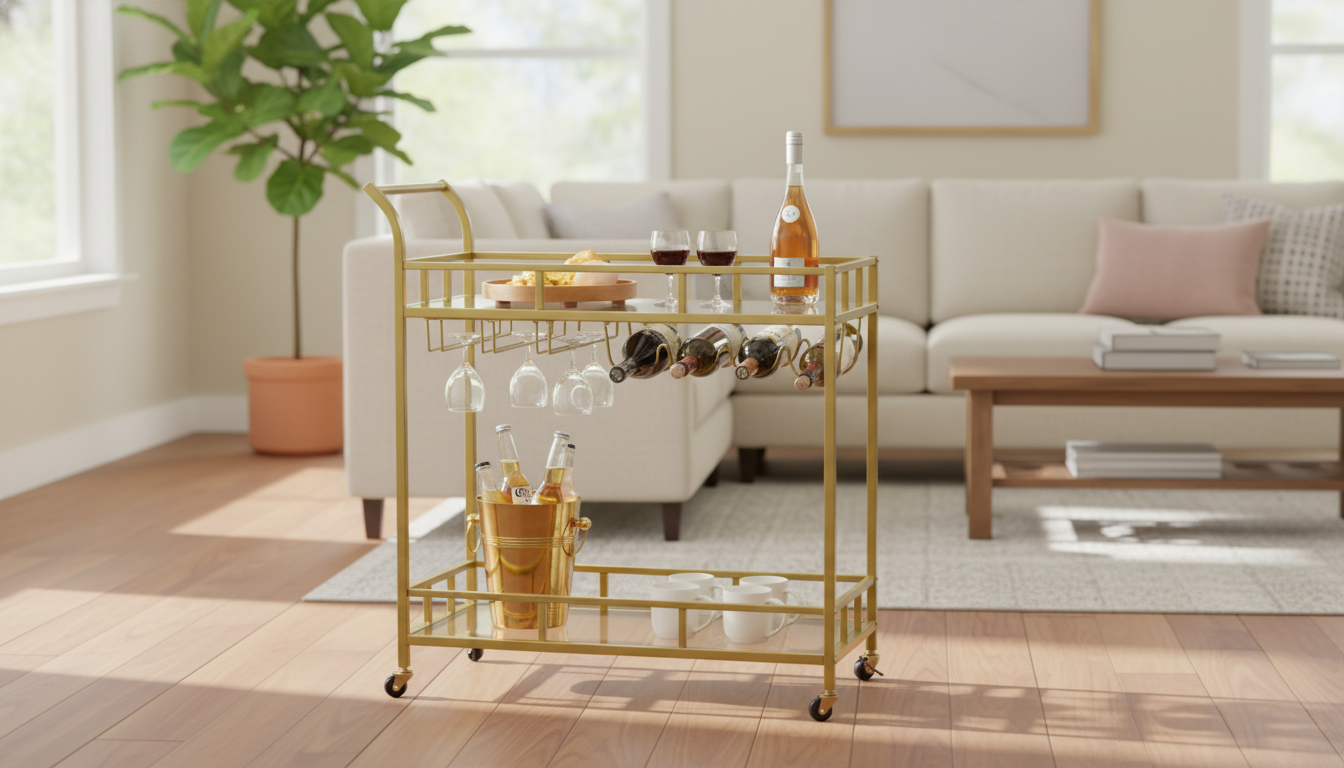 Gold Bar Cart: Locking Wheels & Tempered Glass Shelves
