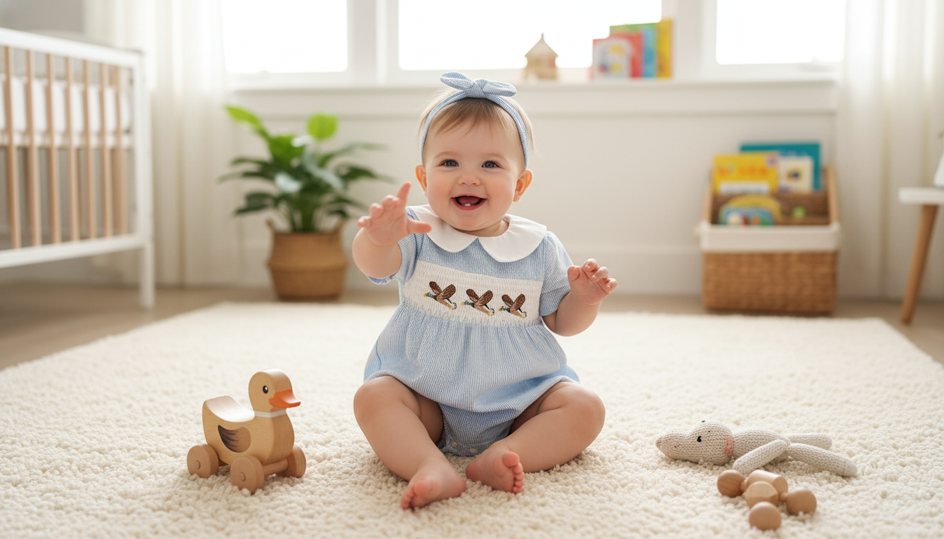 Duck Embroidery Baby Girl Romper & Headband Set