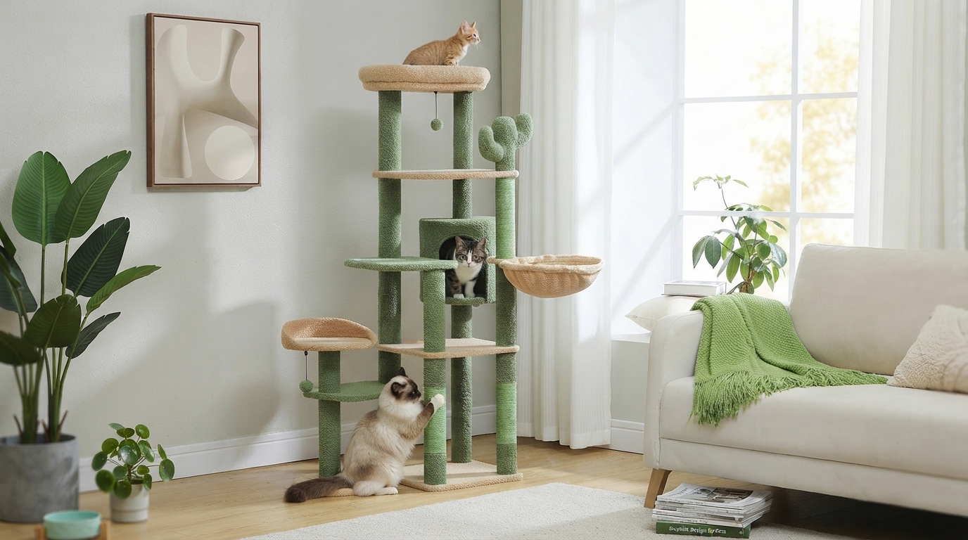 Tall Cactus Cat Tree: Space-Saving Climb & Scratch