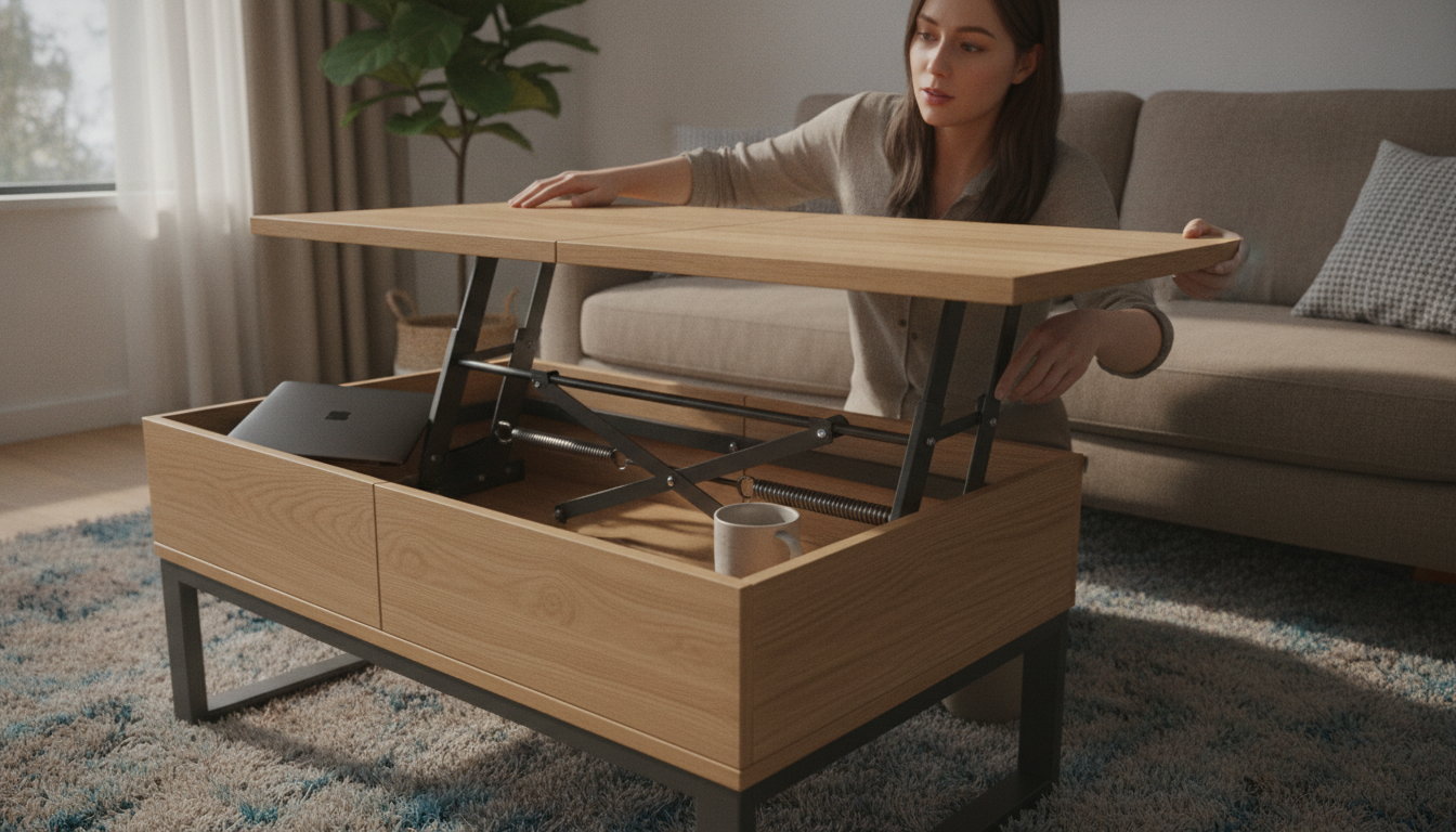 How does an adjustable lift-top coffee table work and what mechanisms