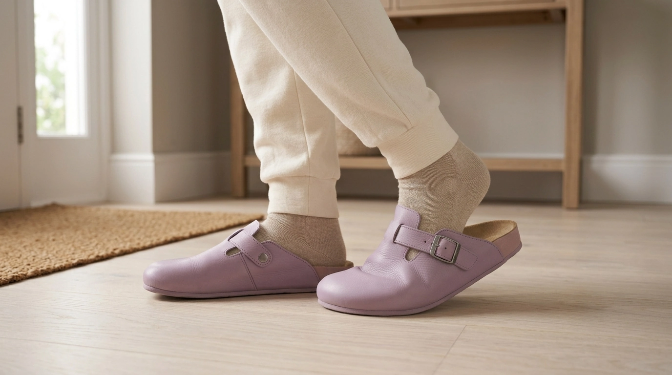 Birkenstock Lilac Leather Slip-On Slippers: Buckle Fit