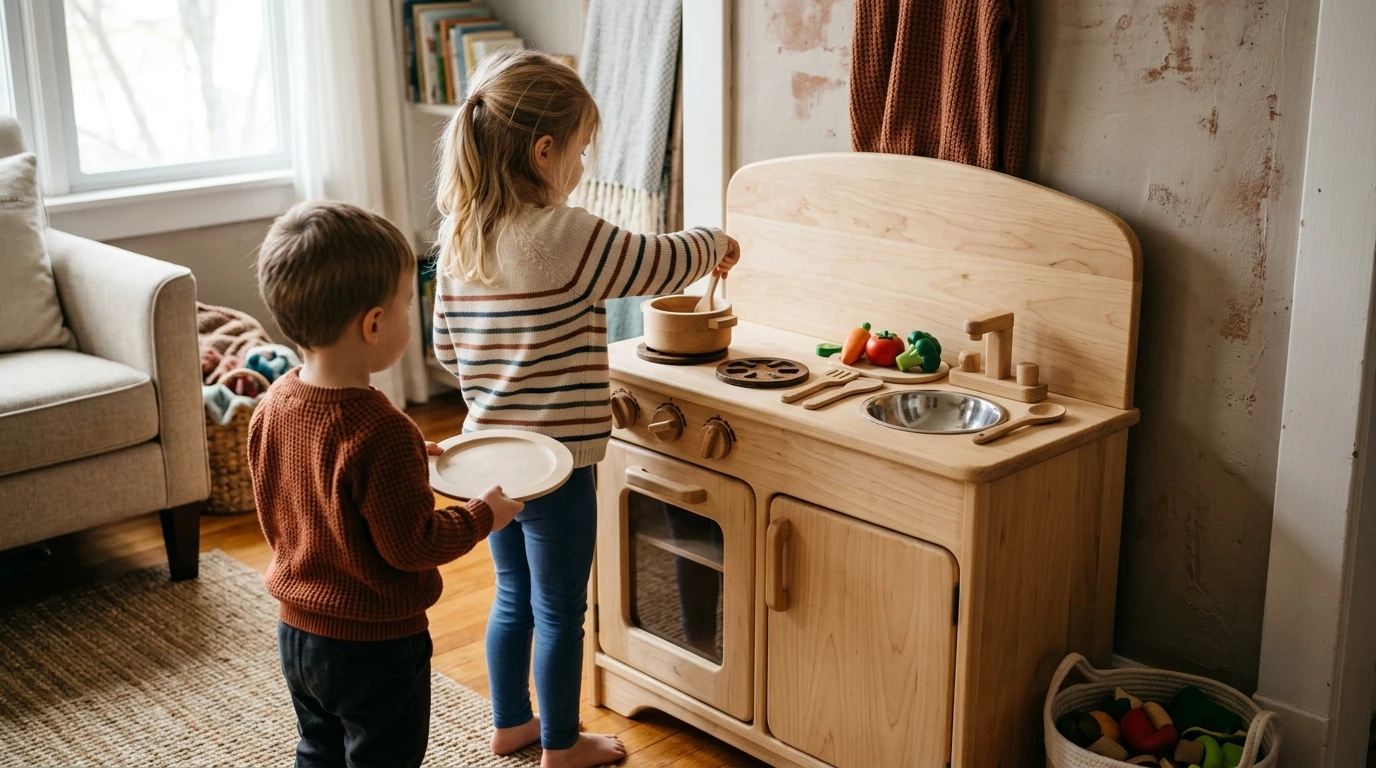 Realistic Wooden Play Kitchen Set: Stove, Oven & Fun