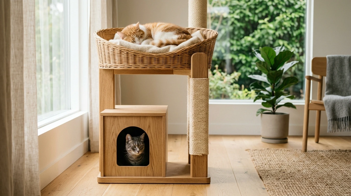 Wood & Wicker Cat Tree with Basket Perch and Condo