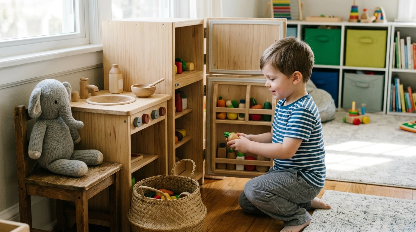 Wooden Play Fridge Set for Kids: Stock, Sort & Serve