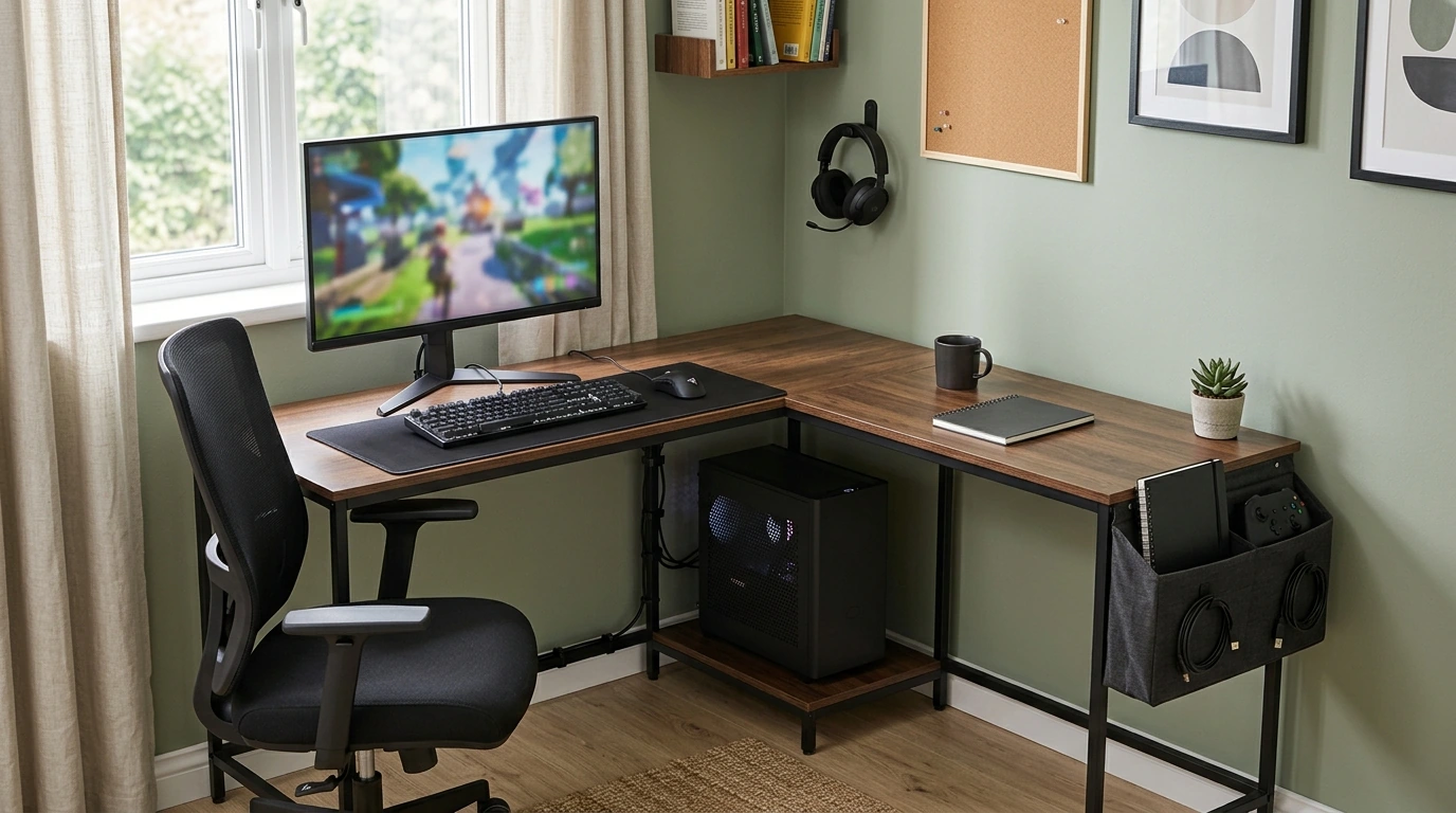 50-Inch L-Shaped Gaming Desk: CPU Shelf + Side Bag