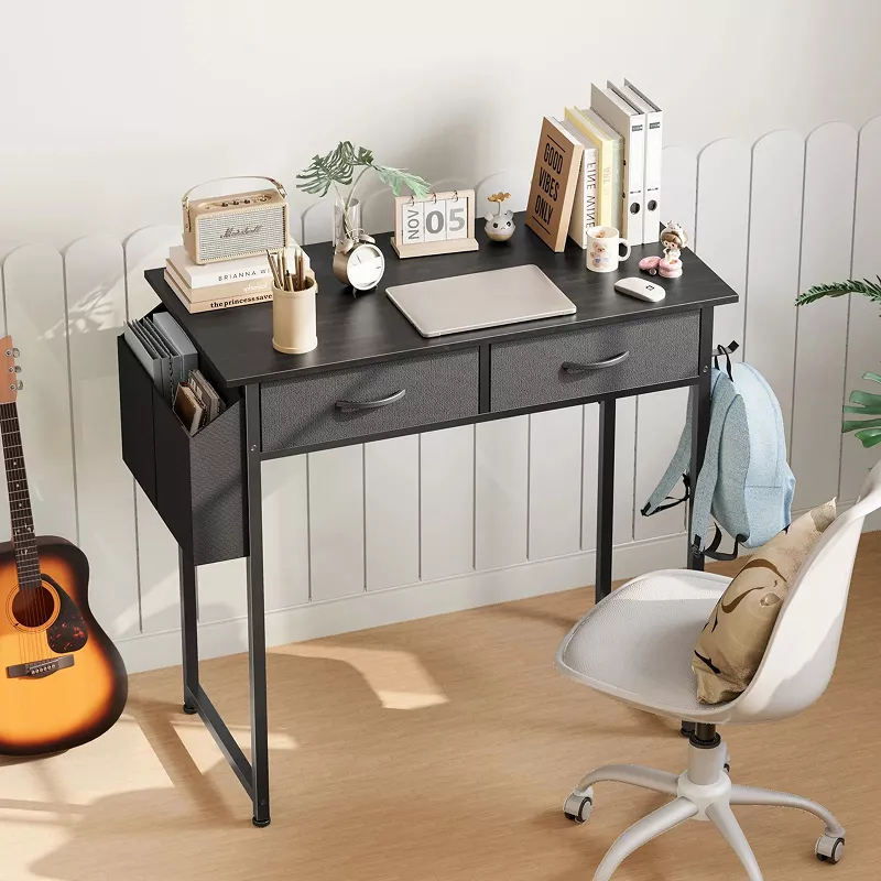 Small-Space 32" Desk: Fabric Drawers, Sturdy Metal Frame