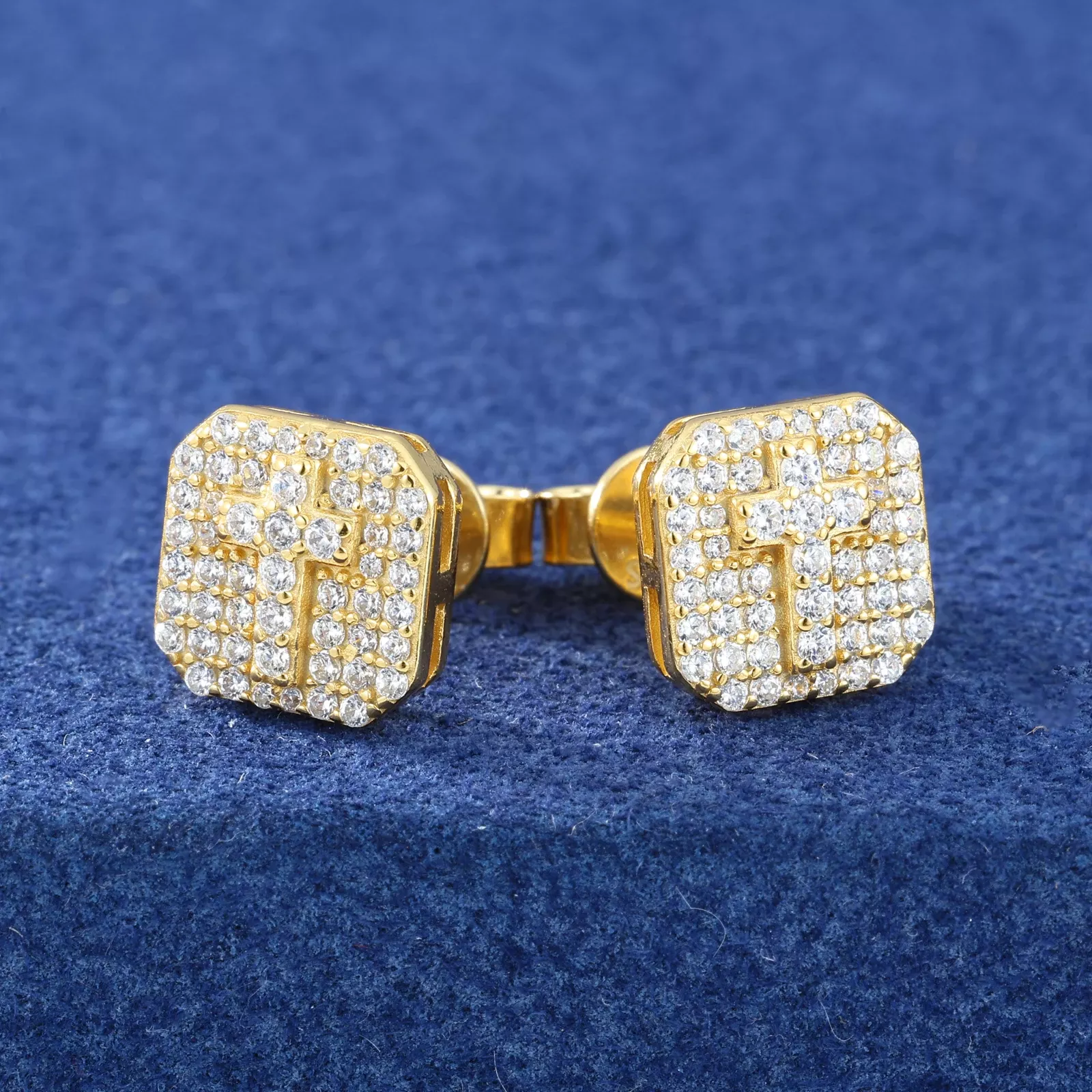 Square Cross Moissanite Studs in Gold-Plated Silver