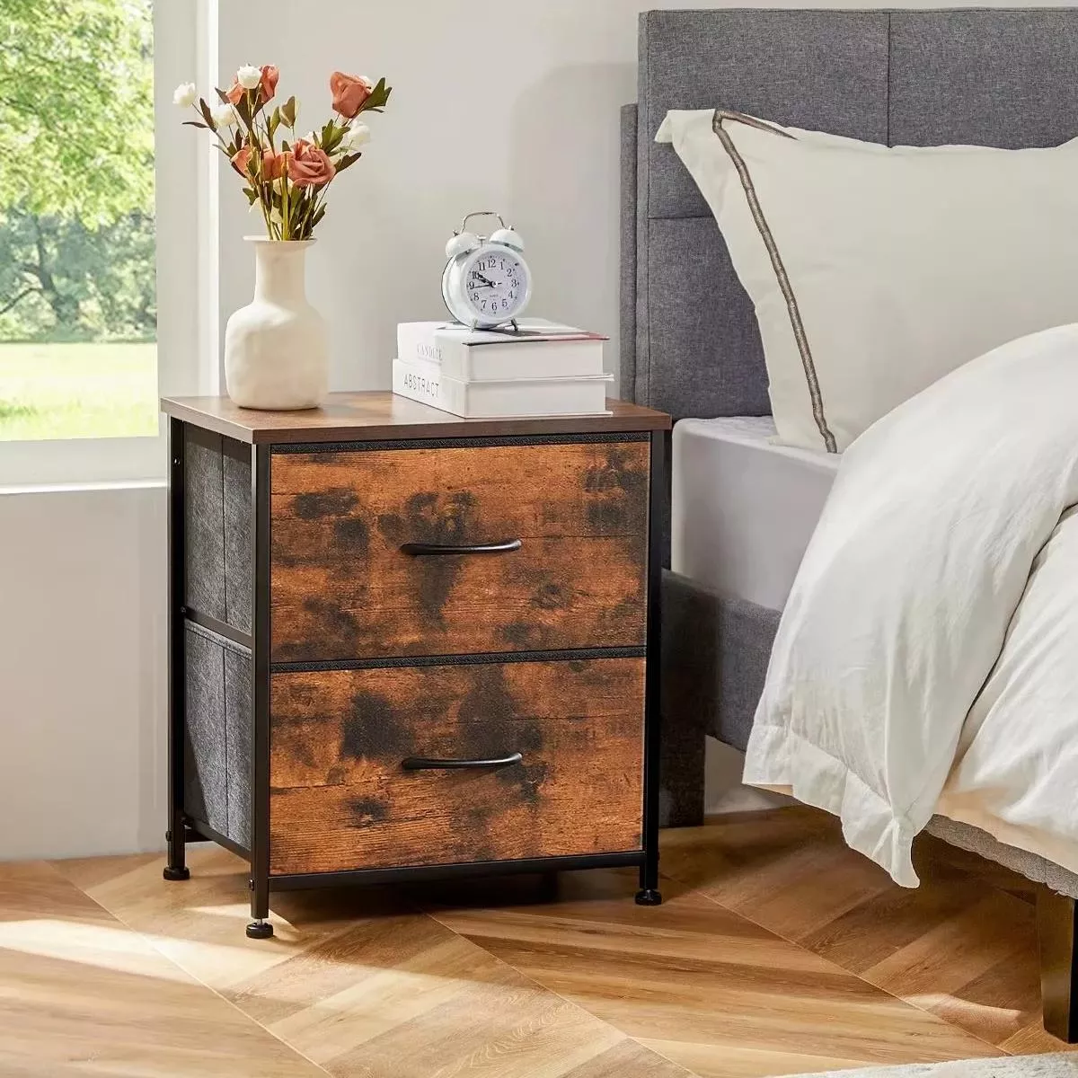 Modern Nightstand: 2 Fabric Drawers, Wood Top, Steel Frame