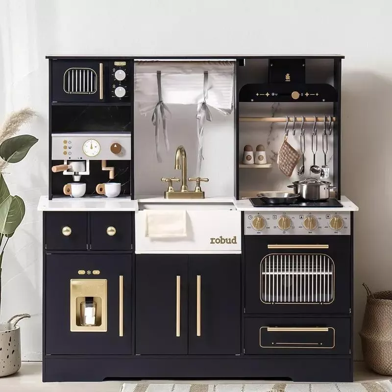 Black & White Wooden Play Kitchen with Sink & Microwave