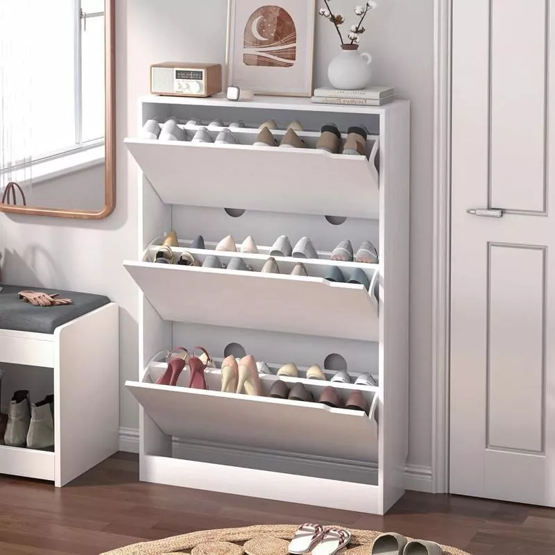 Slim Entryway Shoe Cabinet: 3 Flip Drawers, Adjustable